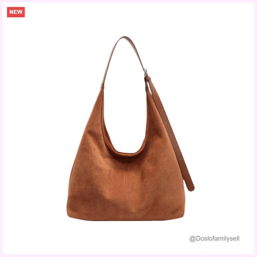 Faux Suede Tote Bag Slouchy Retro Adjustable Shoulder Strap Office Purse